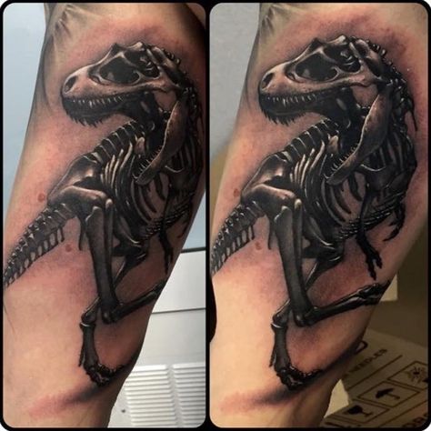 #realistic #trex #skeleton #blackandgrey #RiccardoCassese Jurassic World Tattoo, Jurassic Park Tattoos, Trex Skeleton, Tattoos Skeleton, Jurassic Park Tattoo, Spaceship Tattoo, T Rex Tattoo, Dinosaur Tattoo, Dinosaur Tattoos