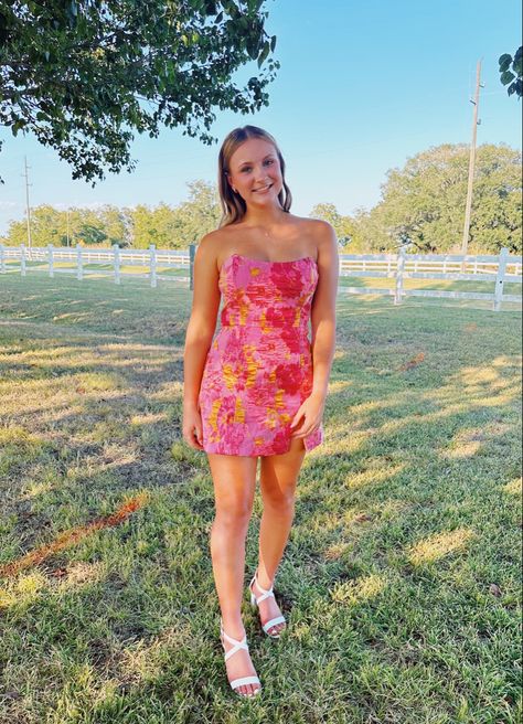 Hoco Flower Dress, Pink And Orange Hoco Dress, Brunette Jewelry, Preppy Homecoming Dresses, Spring Fling Dresses, Orange Hoco Dress, Preppy Homecoming, Homecoming Flowers, Hoco 2024