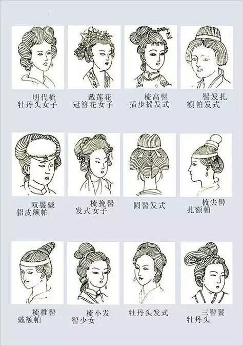 'Common Ming hairstyles: From 1368, after seizing power from the Mongolian-ruled Yuan dynasty, the Ming dynasty adjusted the rituals that did not conform to the customs of the Han people, adopting and restoring the systems and customs of the Tang and Song dynasties. The hairstyles of Ming women were not as rich as those of the Tang and Song, but nevertheless had their own unique characteristics.' Ming Dynasty Makeup, Ming Dynasty Hairstyle, Hanfu Ming Dynasty, Dynasty Hairstyles, Chinese Mural, Song Dynasty Clothing, Ming Dynasty Clothing, Ming Dynasty Hanfu, Ming Dynasty Art