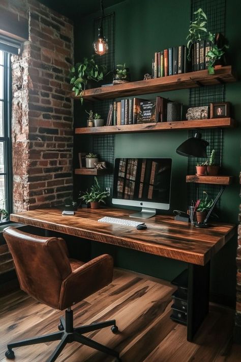 Dark Green And Wood Interior Design, Panelling In Office, Woodsy Office Ideas, Small Dark Study, Green Bedroom Industrial, Shelf Above Computer Desk, Wooden Desk Home Office, Computer Desk Wall Decor, Industrial Bedroom Wall Decor