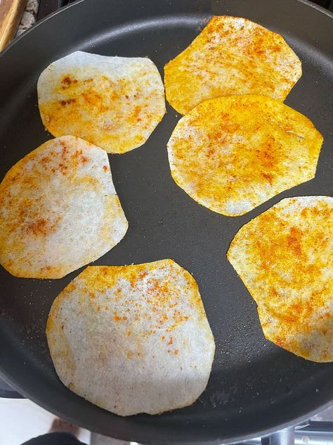 Jicama Tortillas - Healthier Steps Jicama Wraps, Jicama Tortilla, Jicama Recipe, Gluten Free Tacos, Vegan Fish, Food Slicer, Tortilla Recipe, Low Calorie Snacks, Gf Recipes