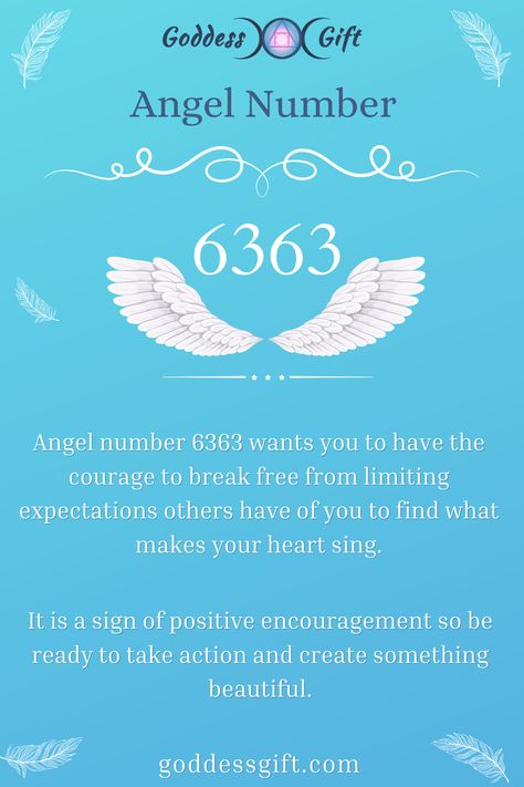 Angel number 6363 wants you to have the courage to break free from limiting expectations others have of you to find what makes your heart sing. Learn more - https://goddessgift.com/angels/6363/  . #AngelNumber6363 #DivineGuidance #Numerology #SpiritualAwakening #Manifestation #ChangeIsGood #GrowthMindset #SpiritualJourney #NumerologyMeaning #AngelMessages #GoddessGift #ManifestYourDreams 6363 Angel Number Meaning, Wicca Crystals, Angel Number Meaning, Angel Number Meanings, Number Meanings, Angel Messages, True Purpose, Follow Your Dreams, You Are Blessed