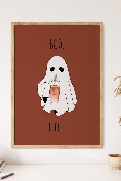 boo bitch. That's all! This ghost is sipping on a chilly pumpkin spice frappuccino to kick of the spooky season. Check out the whole fall collection on Etsy. <3 BOO Themed Gallery Wall, Ghost With Coffee, Pumpkin Spice Frappuccino, Pumpkin Spice Drinks, Ghost With Pumpkin, Modern Fall Decor, Scary Drawings, Boho Halloween, Adornos Halloween