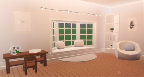 A cozy-friendly area to chill at any time! The bay window is a nice touch to the stars to look up to. Bloxburg Bay Window Ideas, Bay Window Ideas, Bay Windows, Window Ideas, Bloxburg House, Bay Window, Comfort Zone, Lighted Bathroom Mirror, House Ideas