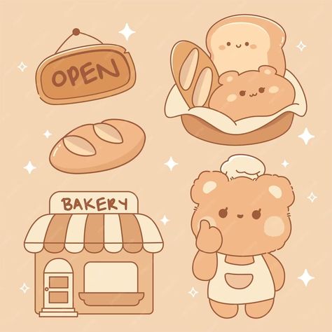 Premium Vector | Cute bakery elements collection kawaii food style Cute Bakery Drawing, Bakery Elements, Bread Kawaii, Freepik Illustration, Cute Desk Organization, Cute Bakery, Ipad Ideas, Chibi Food, Wallpaper Boho