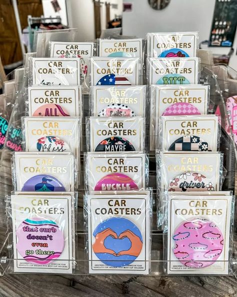 Over 35 Car Coaster designs are IN STOCK!!! Finally 😉 ⚡ https://www.stbboutique.com/collections/car-coasters FREE Shipping On Orders Over $100 ✰Shop is OPEN Tues-Fri 10-6 & Sat 10-4✰ Coaster Display, Car Coaster Designs, Craft Market Display, Craft Market, Market Display, Coaster Designs, Market Displays, Craft Markets, Coaster Design