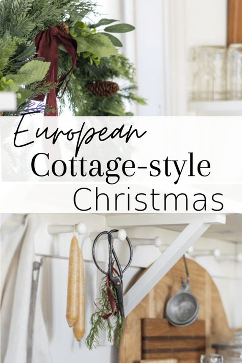 European cottage style Christmas decor European Cottage Christmas, European Christmas Decor, Colonial Christmas Decorating, English Cottage Christmas, French Country Cottage Christmas, Cottage Core Christmas, Cottagecore Christmas, European Cottage, Farmhouse Christmas Ornaments