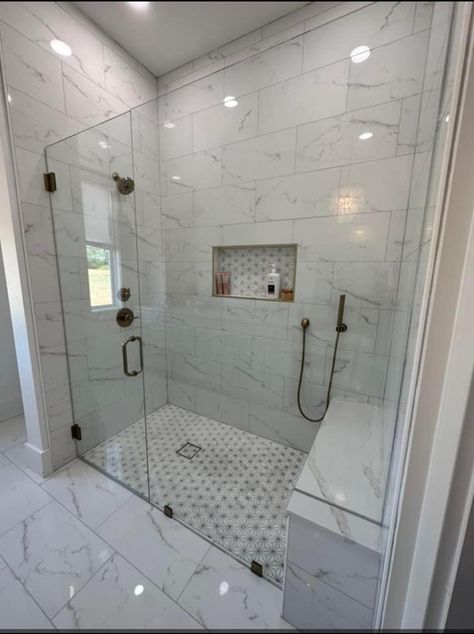 Master Shower Ideas Walk In Two Shower Heads, Shower With Same Floor And Wall Tile, 6ft Shower Ideas, Small Bathroom Walk In Shower Remodel, Bathroom Tile Ideas Shower Walk In, Walk In Shower With Half Wall, Walk In Bathroom Showers, Bathroom Lighting Ideas, Restroom Remodel