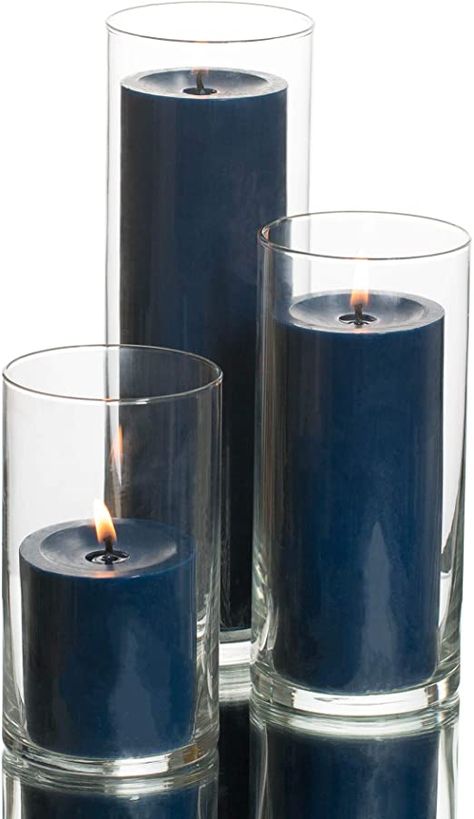 Amazon.com: Richland Set of 3 Glass Eastland Cylinder Vases and 3 Navy Blue Pillar Candles 3": Home & Kitchen Navy Candles, Navy Blue Bathroom Decor, Dark Blue Candles, Navy Blue Rooms, Blue Pillar Candles, Navy Blue Bathrooms, Blue Room Decor, Navy Blue Decor, Cylinder Candles