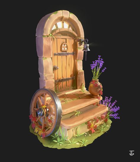 ArtStation - Entrance door stylized, Julien Galibert Witch Hut, 3d Scene, Drawing Cartoon Faces, Creepy Stuff, Cartoon House, Hand Painted Textures, Casual Art, Substance Designer, 3d Concept