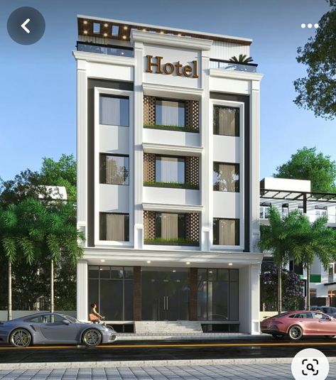 Hotel Front Elevation Design, Hotel Elevation Exterior, Parapet Design, Hotel Elevation, Commercial Elevation, Wall Elements, Hotel Design Architecture, Building Design Plan, Restaurant Plan