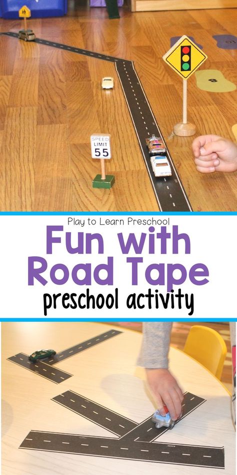 As part of our transportation unit, we used road tape in  a variety of ways. We created a big road for students to "drive" on, that included street signs, wooden trees, and student-drawn homes and buildings. We also used the road tape in our literacy center to create a few letter shapes for students to drive on. Preschoolers really enjoyed these fun activities. #preschooltheme #transportationunit #preschoolactivity Community Helper Transportation, Roads Preschool Theme, Transportation Theme Preschool Dramatic Play, Transportation Theme Preschool Literacy, Preschool Community Theme, Transportation Activities For Preschool, Preschool Transportation Theme, Preschool Transportation, Play To Learn Preschool