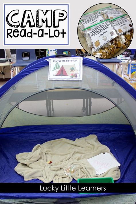 Hours of reading, camping themed stations, camping snack, and tons of fun! The kids LOVE Camp Read-a-Lot. We try to do this at the end of every grading period. The students are engaged in camping themed literacy activities all day! Buddy Activities, Book Camp, Elementary Reading Comprehension, Math Camp, Family Literacy Night, Read A Thon, Camp Read, Reading Incentives, Reading Night