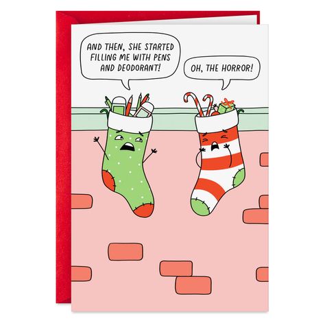 Funny Christmas greeting card features a humorous cartoon of two holiday stockings complaining about being filled with boring stocking stuffers paired with a fun message inside. Matte finish. | Includes one card and one envelope with a Gold Crown seal. Envelope color may vary. | Card pkg. size: 5.00" W x 7.19" H Holiday Horror, Funny Xmas Cards, Happy Holidays Wishes, Funny Christmas Card, Funny Xmas, Funny Christmas Cards, Christmas Greeting Card, Holiday Stockings, Holiday Humor