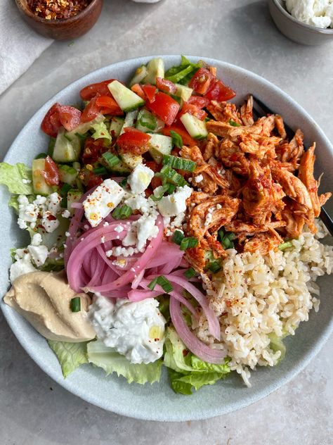 Shredded Harissa Chicken Bowl Harissa Chicken Bowl, Harissa Chicken, Healthy Bowls, Chicken Bowl, Carb Meals, Teriyaki Chicken, Food Bowl, Buffalo Chicken, Shredded Chicken