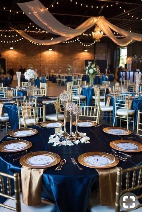 Navy Blue And Gold Wedding, Gold Table Setting, Blue Wedding Decorations, Blue Gold Wedding, Starry Night Wedding, Rustic Wedding Decorations, Gold Wedding Colors, Elegant Wedding Reception, Gold Wedding Theme