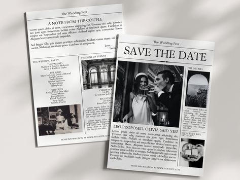 Save The Date Newspaper, Newspaper Invitation, Wedding Newspaper Template, Black And White Color Palette, Black And White Wedding Theme, Wedding Newspaper, White Wedding Theme, Wedding Post, Dream Wedding Decorations