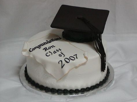 My dd's pre-school teacher asked me to make a graduation cake for her husband - who just completed his MBA.  Inspiration for the design came from several cakes done by boween.  Thanks!  10" round, iced in buttercream, fondant "diploma".  The cap is a carved 4" cake covered in fondant - the top is cardboard covered in fondant. Mba Cake, Fondant Diploma, 4 Cake, Cake For Her, Buttercream Fondant, Round Ice, Graduation Cake, Cupcake Ideas, Cake Cover