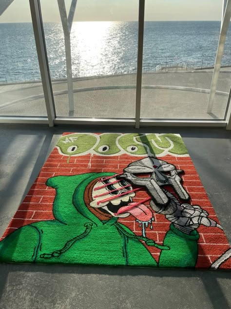 MF Doom custom tufted handmade rug 🪴 The size of the rug on photos is 160x120 cm This rug has moving part mask attached to his face 🔥  Size of the rug is according to width  If you have any questions - just text me 😉 Rapper Room Decor, Cool Rug Designs, Mf Doom Rug, Mens Room Aesthetic, Boujee Bedroom Ideas, Cool Rugs For Bedroom, Carpet Bedroom Decor, Rugs In Bedroom, Aesthetics Room Decor