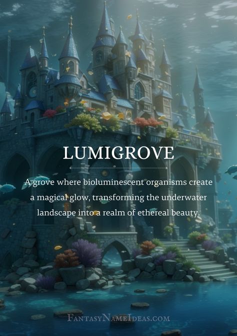 Lumigrove - underwater kingdom Light Names Ideas, Magical School Name Ideas, Dnd Kingdom Names, Fantasy Novel Name Ideas, Names For Places Writing, Fantasy Places Names Ideas, Fantasy Realm Names Ideas, Land Names Ideas, Regal Last Names