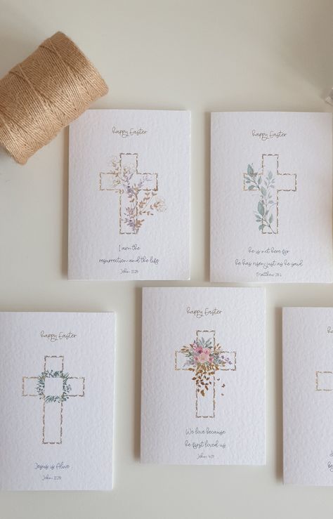 "Wish friends and family a happy Easter with these beautiful Christian cards sharing the true meaning of Easter. There are five different Easter cards in each pack showcasing a different bible verse and watercolour image of the cross as seen in the pictures above.  Inside the Card: Printed inside each card are the words 'Happy Easter'. If you would like a different message or for the inside of the card to remain blank for your own message then please leave a note in the personalization section. Christian Easter Cards Handmade, Religious Easter Cards, Bible Verse Easter, Easter Verses, Easter Cards Religious, Confirmation Cards, Easter Cards Handmade, He Is Alive, Easter Religious