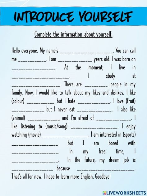 Introducing yourself online worksheet for low proficiency. You can do the exercises online or download the worksheet as pdf. How To Introduce Yourself In School, Introducing Yourself In English, Introduce Yourself Ideas, Eng Learning, Introducing Myself, Essay Writing Examples, English Conversation Learning, Introducing Yourself, English Articles