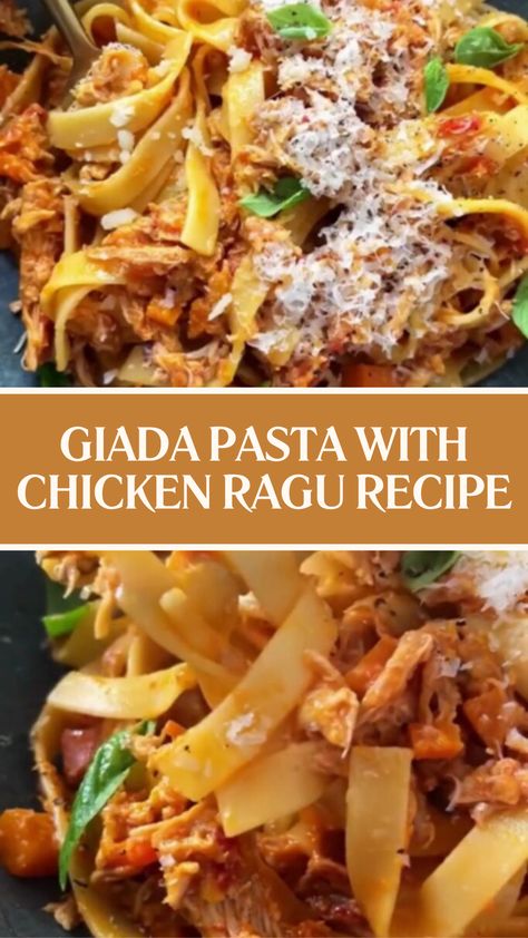 Giada Pasta With Chicken Ragu Recipe Chicken Ragu Recipes, Giada Pasta, Chicken Ragu, Giada De Laurentiis Recipes, Chicken Marinara, Giada Recipes, Pasta With Chicken, Ragu Recipe, Hearty Meal