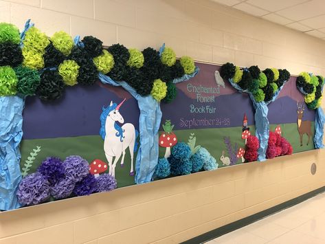 Bulletin board idea for Scholastic’s Fall 2018 Enchanted Forest Book Fair Enchanted Forest Library Decor, Book Fair Fall Theme, Book Week Room Display, Enchanted Forest Library Theme, Enchanted Forest Display, Enchanted Forest Classroom Theme Bulletin Boards, Magic Bulletin Board Ideas, Book Fair Bulletin Board Ideas, Fairy Bulletin Board