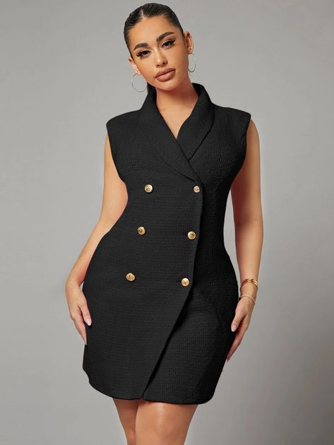 Solid Double Breasted Blazer Dress | SHEIN USA Single Breasted Blazer Dress 4xl Plus, Chic Double-breasted Blazer Dress With Buttons, Formal Double-breasted Blazer Dress With Double Button Closure, Black Double-breasted Blazer Dress With Buttons, Black Tailored Blazer Dress With Double-breasted Button, Dress For Chubby, Corporate Gowns, English Dress, Double Breasted Dress