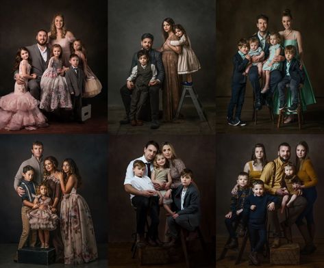 Vintage Family Photoshoot Studio, Glam Family Photos, Vintage Family Photoshoot, Family Portrait Photography Poses, Studio Family Portraits, Family Photo Studio, Big Family Photos, Family Studio Photography, Winning Photography