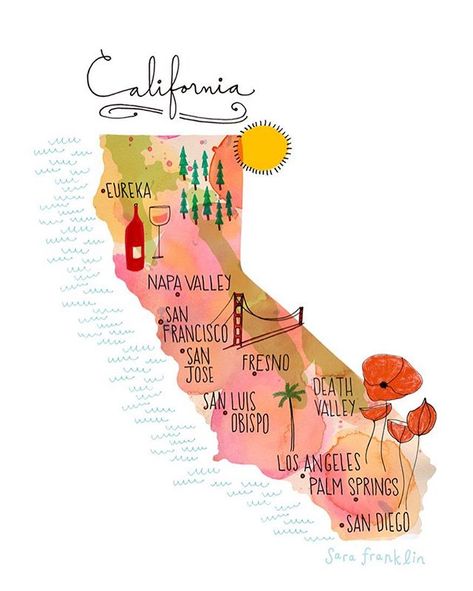 Now that's a beauty! Designed by the very talented @sarafranklindesign #californialivelist #california #calilove #madeincalifornia #travel #art #californialove Map Of California, Dry Tortugas, California Wall Art, California Print, California Map, California Coastal, Watercolor Map, North Cascades, California Art