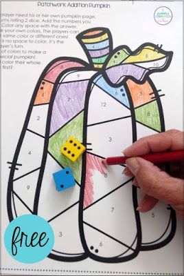 Mix math and art with this free autumn integrated curriculum project for first grade addition. Students roll and add two numbers, and then create their own coloring design. Great to add to your fall classroom decor or to reuse as a board game in your math centers and math tubs! #firstgrademath #1stgrademath #firstgradeautumnprojects #additionprojects #integrated curriculum #crosscurricularteaching #freemath #freemathfirstgrade Fall Math Art Projects, Fall Centers 2nd Grade, Fall Classroom Crafts 3rd Grade, Fall Art First Grade, 3rd Grade Fall Crafts, Fall Math Kindergarten, Pumpkin Math Activities, Love Numbers, Math Art Activities