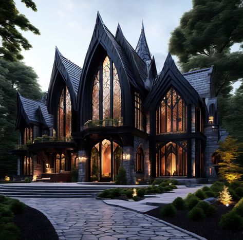 Modern Gothic Mansion, Black Gothic House, Victorian Gothic House Exterior, Modern Gothic House, Gothic House Exterior, Gothic House Plans, Goth Mansion, Gothic Victorian Homes, Contemporary Gothic