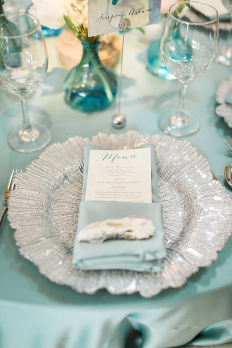 Beach Table Settings, Wedding Decorations Elegant, Bridal Shower Tablescape, Mermaid Bridal Showers, Beach Wedding Tables, Beach Wedding Decorations Reception, Blue Tablecloth, Ocean Wedding, Beach Wedding Inspiration