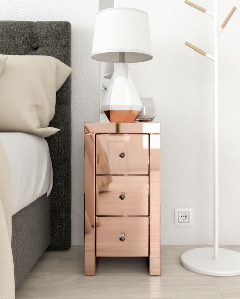 This unique nightstand table using high quality rose gold colored glass as finishing materials which bring an elegant and glamorous glow to any bedroom. Not only able to be used as a nightstand table, this table can also be used as an end table or sofa side table as well. Rose Gold Nightstand, Rose Gold Furniture Bedrooms, Rose Gold Interior Design, Room Cool Ideas, Dream Bedroom Luxury, Rose Gold Bed, Rose Gold Furniture, Wooden Bed Side Table, Bed Side Table Design