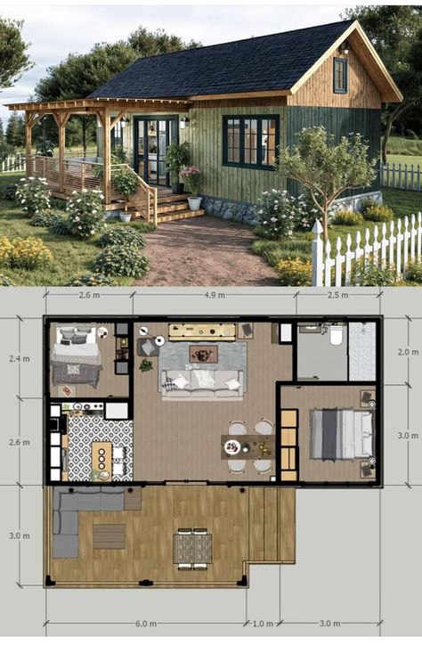 Rustic Living Room Wall Decor, Small House Blueprints, Small Cottage House Plans, Affordable Homes, Shed To Tiny House, Sims 4 House Building, Small House Floor Plans, Relaxing Space, Cabin House Plans