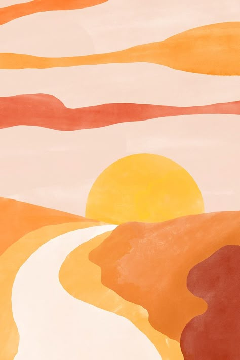 Sunset Painting Wallpaper, Abstract Sunset Art, Summer Abstract, Illustration Art Landscape, Summer Landscape Drawing, Sunset Wallpaper Drawing, Sunset Background Painting, Sunset Print, Sunset Design