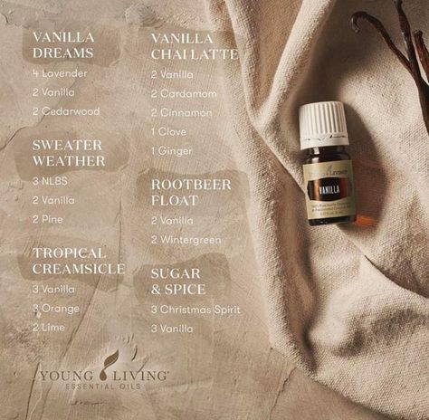 Vanilla Diffuser Blends, Diy Perfumes, Young Living Essential Oil Diffuser, Diffuser Blends Young Living, Living Oils Recipes, Vanilla Oil, Essential Oil Diffuser Blends Recipes, Young Living Essential Oils Recipes, Essential Oils Guide