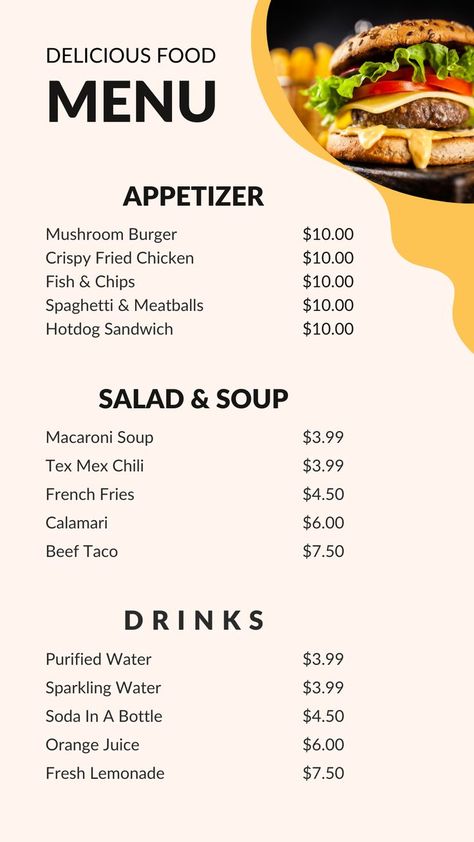 Food Menu Price List Your Story Social media canva template Fish And Chips Menu, Taco Bell Menu, Beige Food, Hotdog Sandwich, Macaroni Soup, Sandwich Menu, Menu Pdf, Mushroom Burger, Menu List