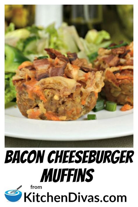 Bacon Cheeseburger Muffins are delicious, no matter which ground meat you use!  Lots of cheese, bacon and more in every bite!  #meatloaf #cheeseburger #meatloafmuffins #easyrecipes #kitchendivas Meatloaf Cheeseburger, Cheeseburger Muffins, Bacon Cheeseburger Meatloaf, Cheeseburger Meatloaf, Bacon Muffins, Delicious Meatloaf, Meatloaf Muffins, Bite Size Food, Bacon Burger