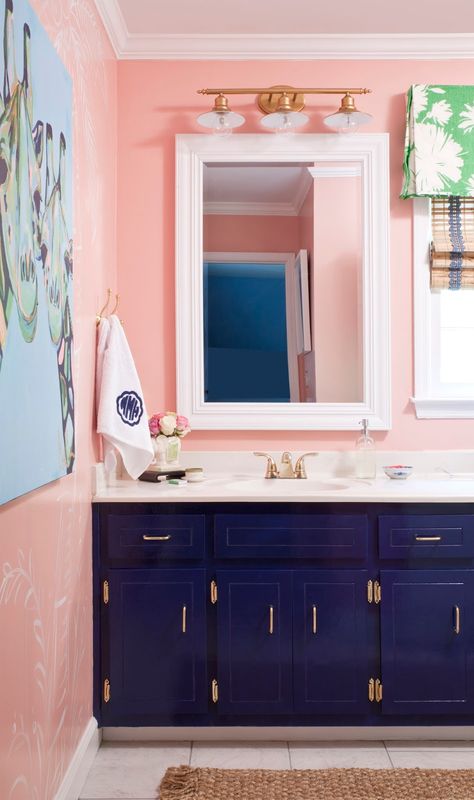 Blue Pink Bathroom, Navy And Pink Bathroom, Atomic Bathroom, Pink And Navy Bathroom, Pink Blue Bathroom, Blue And Pink Bathroom, Pink And Blue Bathroom, Kawaii Room Aesthetic, Cute Room Aesthetic