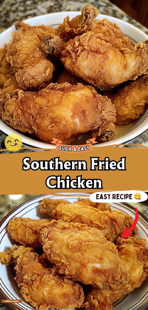 Delight in the crispy, juicy perfection of Southern Fried Chicken. This classic dish features chicken marinated in buttermilk, then dredged in seasoned flour and fried to golden brown excellence. It's a timeless favorite that's always a crowd-pleaser. #SouthernFriedChicken #ComfortFood #CrispyChicken Southern Oven Fried Chicken, Best Fried Chicken Seasoning, Home Fried Chicken, Light Fried Chicken, Fried Chicken With Baking Powder, Old Fashion Fried Chicken, Classic Fried Chicken, Deep Fried Chicken Recipe Easy, Skinless Fried Chicken Recipe