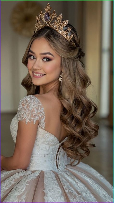 Hairstyles With Tiara Quinceanera, Hairstyles For Long Hair With Crown, Quinceanera Hair Half Up Half Down, 15 Hairstyles With Crown Half Up, Quince Simple Hairstyles, Cute Quince Hairstyles For Short Hair, Half Up Half Down With Crown, Short Hair Quince Hairstyles, Quinceanera Hairstyles For Short Hair Half Up Half Down