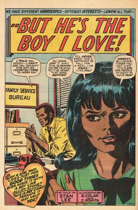 Marvel romance Our Love Story #5 (June 1970) Stan Lee, Gene Colan, and John Romita Marvel Romance, Romance Comic, American Comic, Black Comics, Romance Comics, Vintage Pop, Comics Story, Vintage Romance, Vintage Comic Books