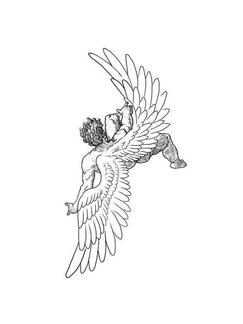 Icarus Line Art, Behind Knee Tattoo, Greek Mythology Line Art, Engraving Style Tattoo, Icarus Tattoo Design, Icarus Tattoo, History Tattoos, Zodiac Tattoos, Greek Tattoos