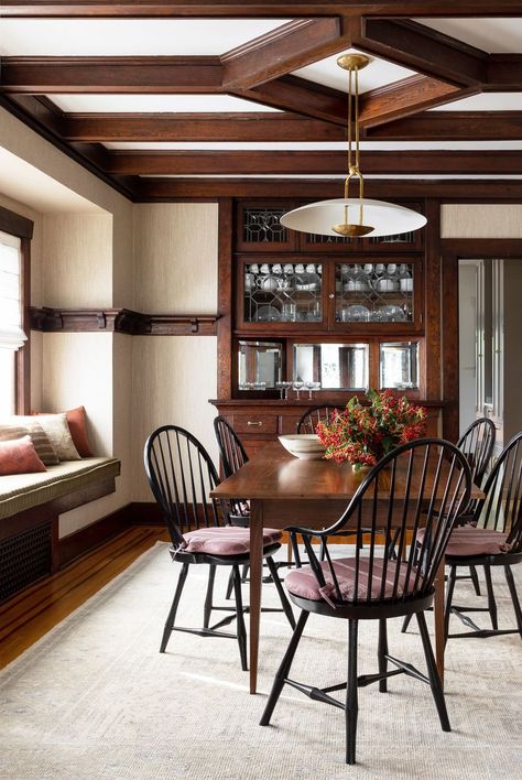 Stairs In Dining Room, Mid Century Modern Craftsman, Craftsman House Interior, Craftsman Interior Design, Heidi Caillier, Cottage Craftsman, Craftsman Dining Room, Craftsman Interiors, 1920s Bungalow