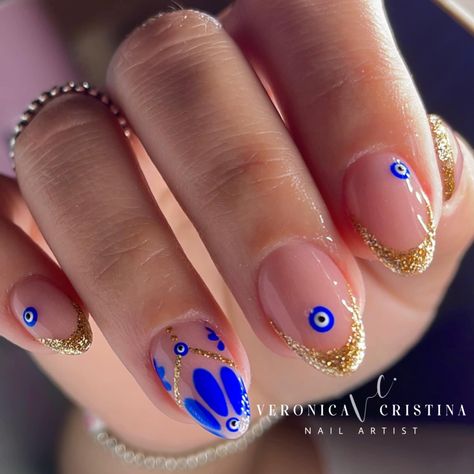 Greece Inspired Nails Almond, Evil Eye Manicure Nail Designs, Greece Evil Eye Nails, Third Eye Nail Design, Lucky Eye Nails, Evil Eye Nails Long, All Seeing Eye Nails, Turkish Nails Designs, Short Evil Eye Nails