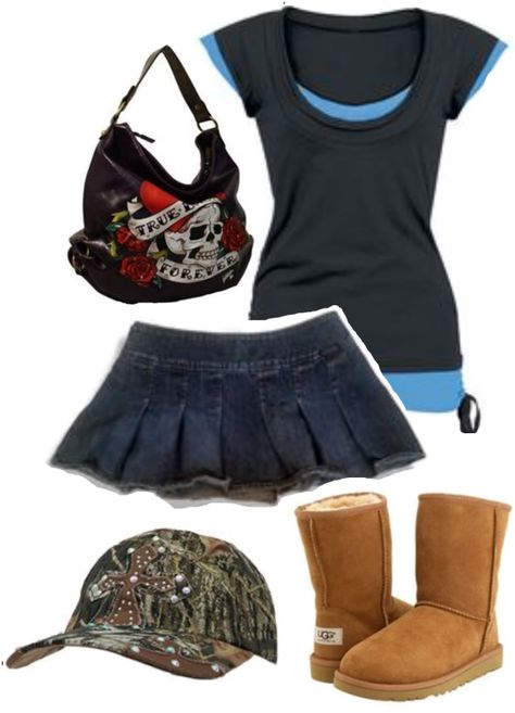 Uggs 2000s Outfit, Ed Hardy Boots Outfit, Ed Hardy Hat Outfit, 2000s Layering Outfits, Grunge Ugg Outfit, Layered 2000s Outfits, Denim Mini Skirt Outfit 2000s, 2000s Ugg Outfit, Uggs Outfit Y2k