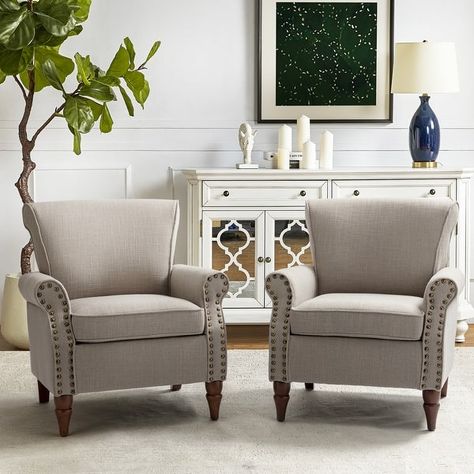 Nyctelius Classic Upholstered Wingback Accent chair with Wooden Legs and Nailhead Trim by HULALA HOME - On Sale - Bed Bath & Beyond - 35938998 4 Chairs Sitting Area Living Rooms, Alcove Seating, Small Sitting Rooms, Spindle Chair, Wingback Accent Chair, Bedroom Seating Area, Comfy Accent Chairs, Comfortable Accent Chairs, Beach House Living Room