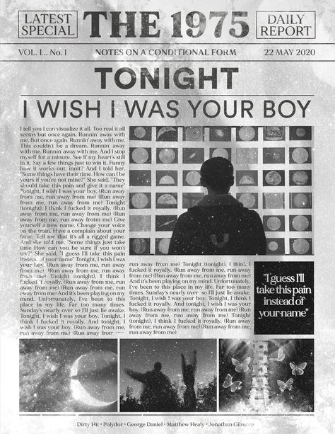 the 1975, album art, graphic design, newspaper, mockup, paper, texture, grunge, vintage, band, lyrics, aesthetic, song, playlist, spotify, covers, crumpled paper Notes On A Conditional Form, The 1975 Poster, Vintage Newspaper, I Wish I Was, Art Ancien, The 1975, Room Posters, Wall Collage, Graphic Design Illustration